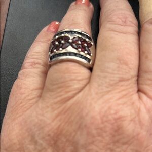 Silver Ring band with black or blue  and red stones size 8